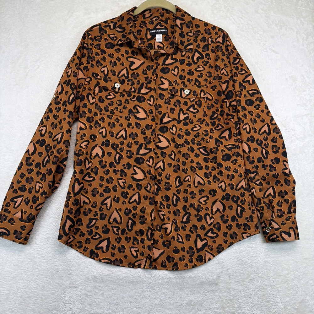 Karl Lagerfeld Paris Womens Leopard Heart Print Blouse Small Button Front